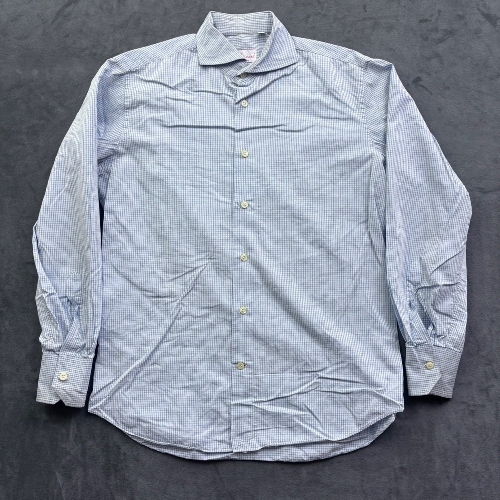 Eredi Pisano Mens Blue White Micro Check Button Down Shirt 40 15.75 Rome